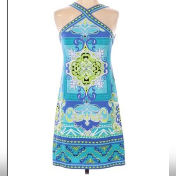 Hale Bob Dresses & Skirts - Hale Bob Size S Print Mini Dress Cross Neckline Blue Green